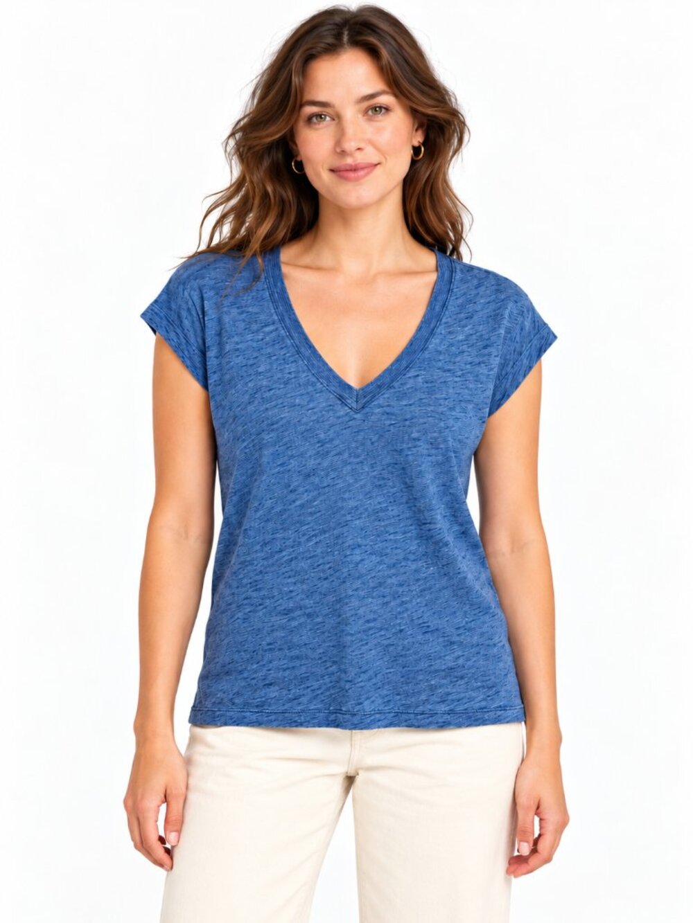 Madewell Indigo Blue T Shirt Women’s S V-Neck Cap Sleeve Hemp Cotton Knit MD073
